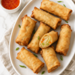 Homemade crispy cabbage egg rolls filled with shredded cabbage and carrots and served with sweet chili dipping sauce.