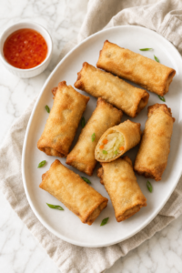 Homemade crispy cabbage egg rolls filled with shredded cabbage and carrots and served with sweet chili dipping sauce.
