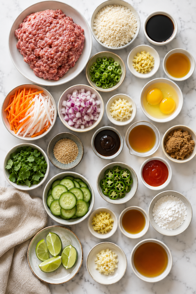 Flat lay of ingredients for Crockpot Banh Mi Meatballs including ground pork, panko breadcrumbs, eggs, garlic, ginger, soy sauce, hoisin sauce, sriracha, rice vinegar, sesame oil, brown sugar, carrots, daikon radish, cilantro, green onions, cucumber, jalapeños, lime, and sesame seeds on a marble countertop.