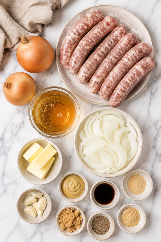 Flat lay of ingredients for Crockpot Beer Brats and Onions including bratwurst, onions, beer, butter, garlic, Dijon mustard, Worcestershire sauce, brown sugar, and seasonings on a white marble countertop.