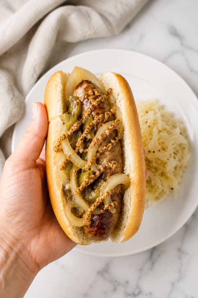 Juicy Crockpot beer brat topped with buttery onions, spicy grainy mustard, and served on a toasted bun with sauerkraut on a white plate.