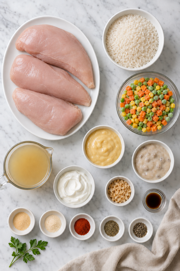 Flat lay of chicken breasts, rice, mixed vegetables, creamy soups, broth, sour cream, onion soup mix, Worcestershire sauce, and seasonings.