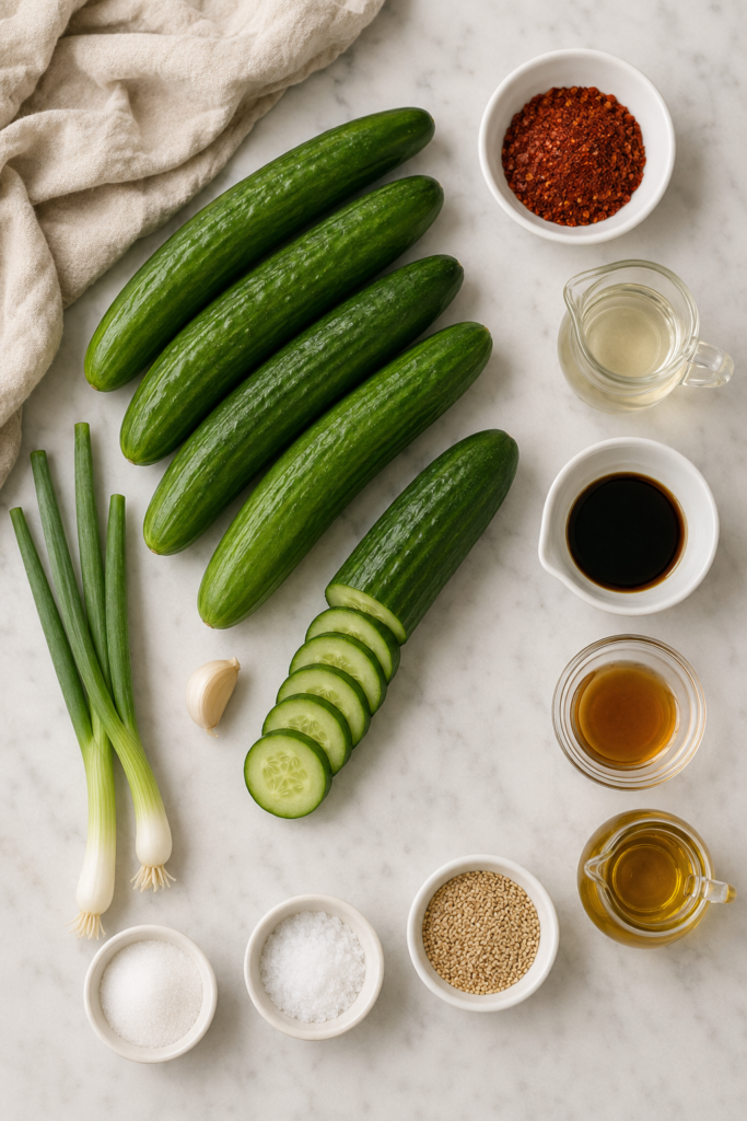 Cucumber kimchi ingredients including Persian cucumbers, gochugaru, garlic, green onions, sesame seeds, rice vinegar and soy sauce