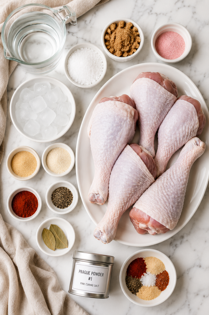 Flat lay of ingredients for Disney World inspired smoked turkey legs including raw turkey legs, kosher salt, brown sugar, spices, curing salt, bay leaves, water, and ice on a white marble countertop.