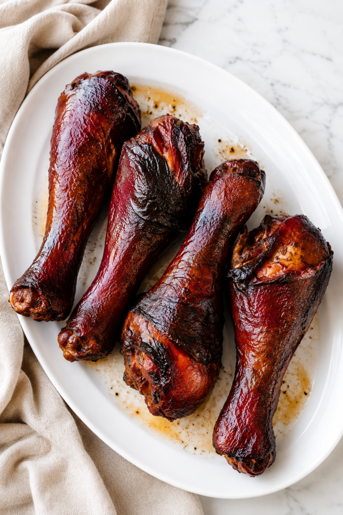 Disney World inspired smoked turkey legs served on a white platter with savory turkey drippings, set on a white marble countertop with a neutral linen cloth.