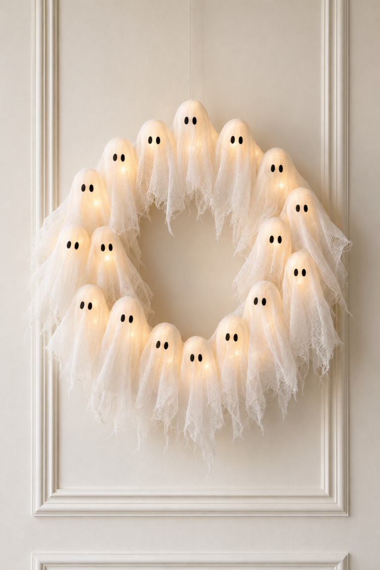 Finished DIY lighted ghost wreath with glowing cheesecloth ghosts hanging on a creamy off-white paneled wall.