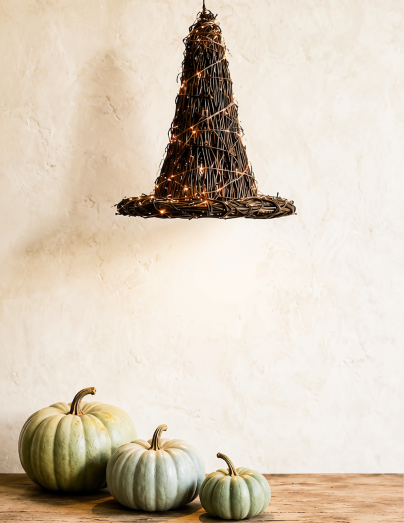 Handmade grapevine witch hat wrapped in warm white lights hanging above blue-green pumpkins for rustic Halloween decor.