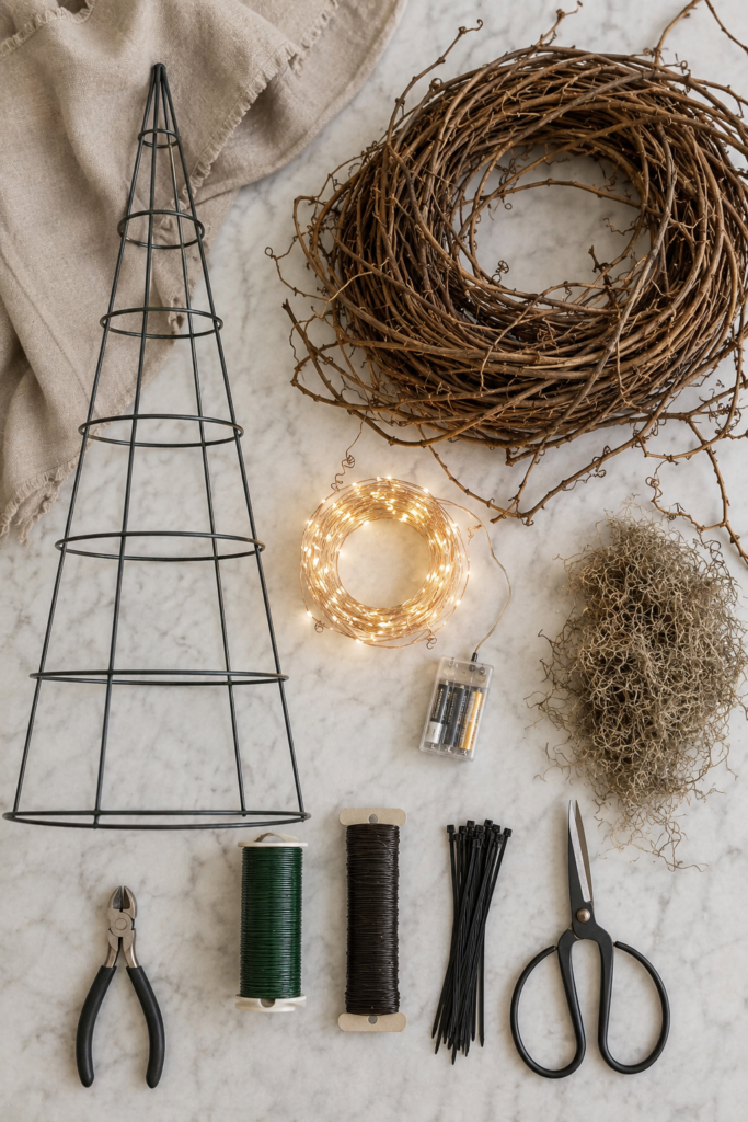 Flat lay of supplies needed to make DIY lighted witch hats including a tomato cage, grapevine garland, warm white fairy lights, Spanish moss, floral wire, zip ties, wire cutters, and scissors on a white marble countertop.
