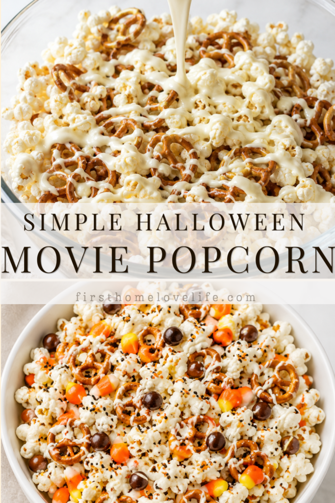 Melted white chocolate being poured over popcorn and mini pretzels in a large glass mixing bowl.