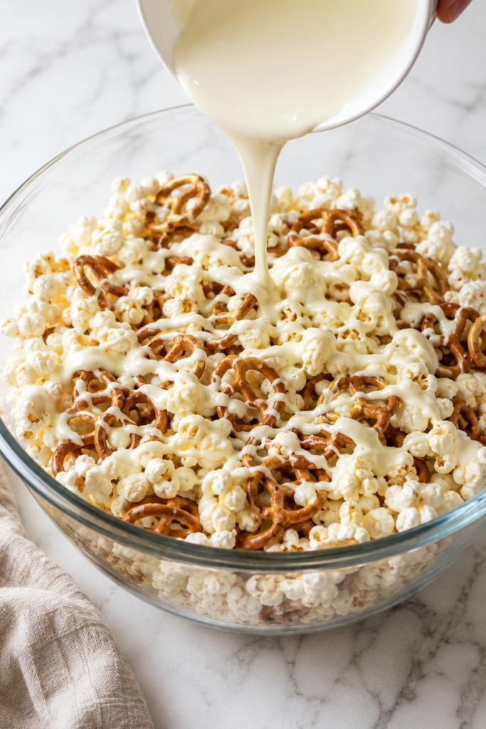 Melted white chocolate being poured over popcorn and mini pretzels in a large glass mixing bowl.