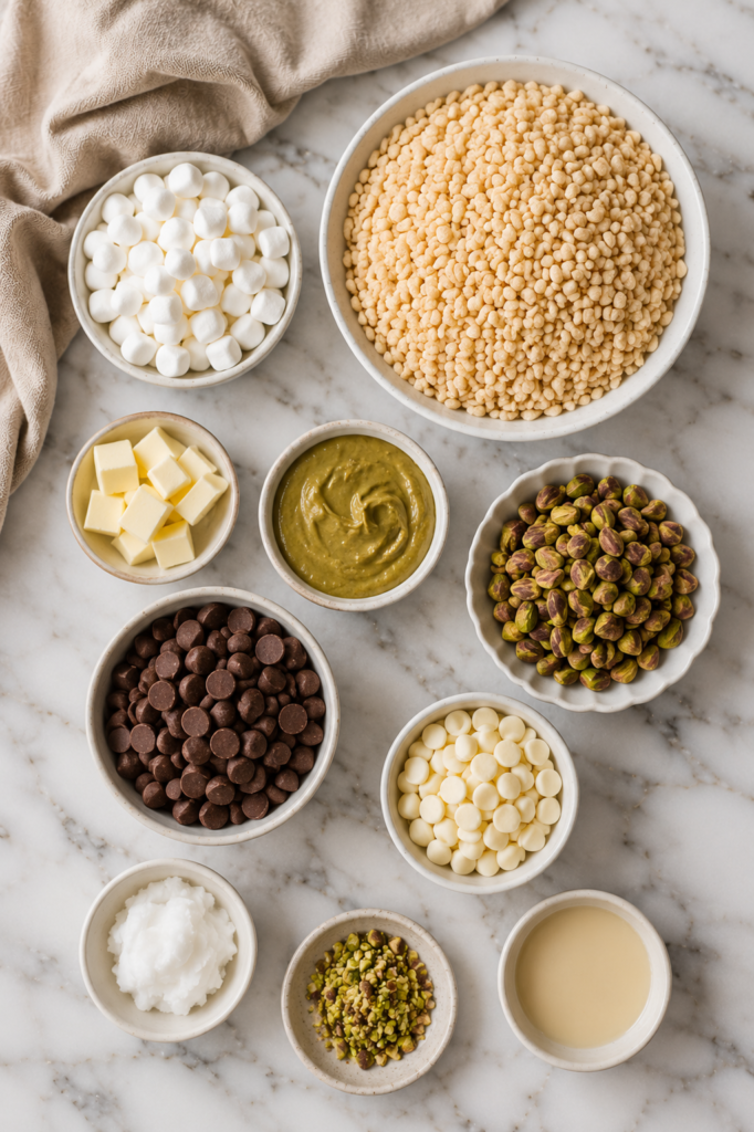 Flat lay of ingredients for Dubai Chocolate Inspired Rice Krispie Treats including Rice Krispies cereal, mini marshmallows, butter, pistachio cream, tahini, chocolate chips, white chocolate chips, chopped pistachios, coconut oil, and vanilla on a white marble countertop.