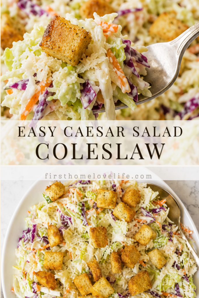 Pinterest pin for easy Caesar salad coleslaw made with green and red cabbage, carrots, creamy Caesar dressing, Parmesan cheese, and crunchy croutons.