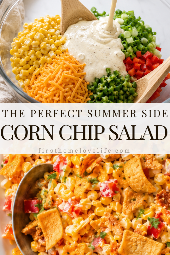 Pinterest pin showing creamy corn chip salad made with sweet corn, cheddar cheese, peppers, green onions, dressing, and crunchy Fritos.