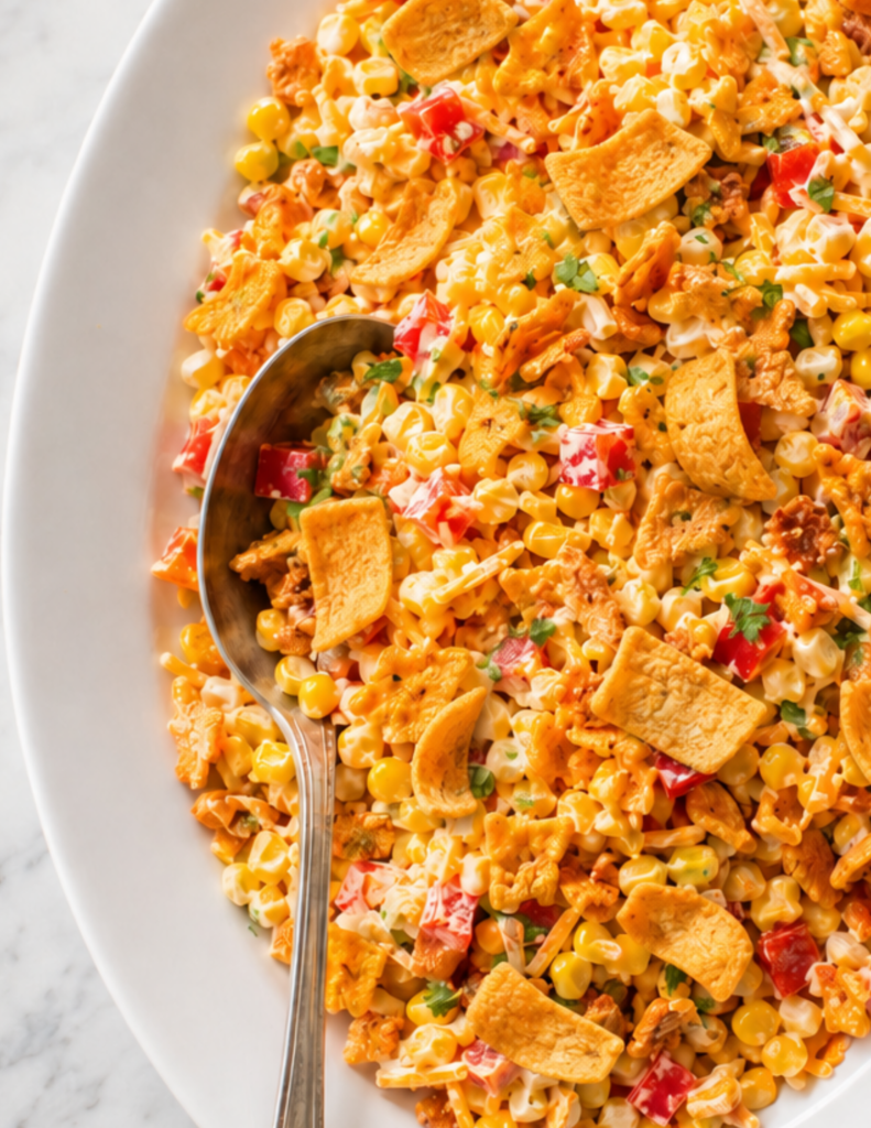 Easy corn chip salad with sweet corn, cheddar cheese, red bell pepper, creamy dressing, and crunchy whole Fritos on a white platter.