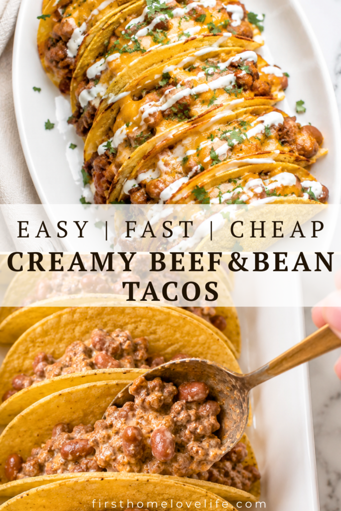 Collage showing oven baked creamy beef and bean tacos topped with melted cheddar, Mexican crema, and cilantro, along with taco shells being filled with a creamy ground beef and bean mixture before baking.