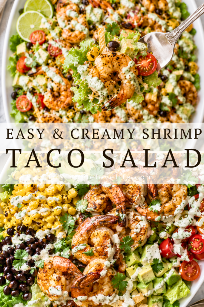 Grilled shrimp taco salad with romaine lettuce, grilled shrimp, black beans, grilled corn, avocado, cherry tomatoes, crispy tortilla strips, and creamy cilantro lime dressing served on a large white oval platter.