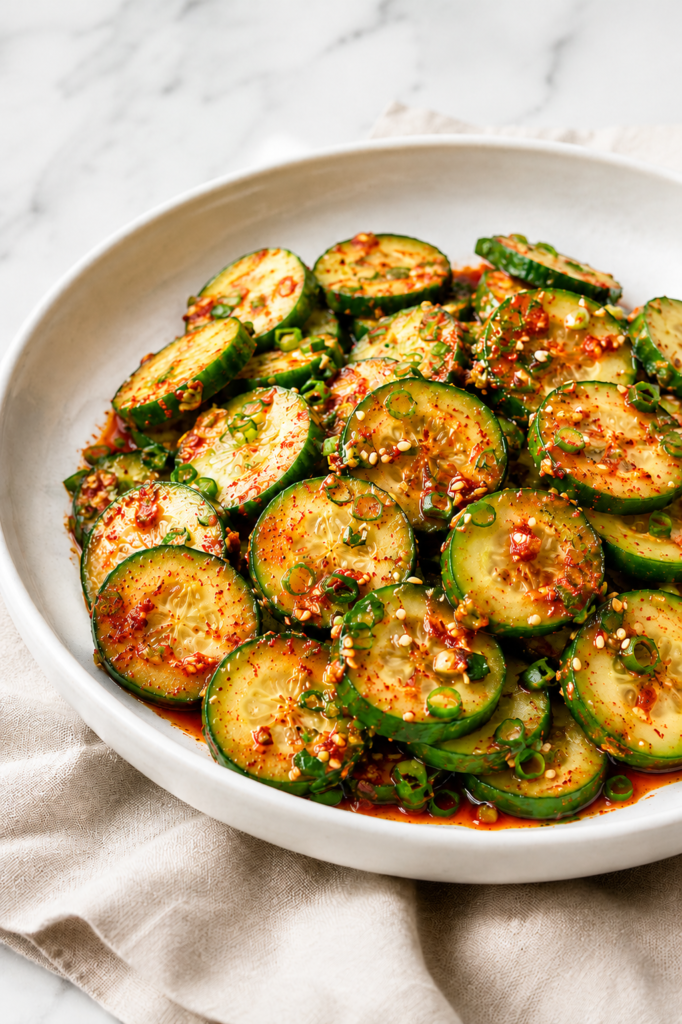 Easy cucumber kimchi with crisp sliced cucumbers, spicy gochugaru dressing, green onions and sesame seeds