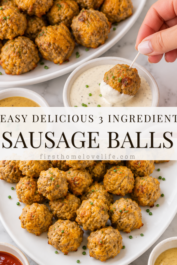 Pinterest pin featuring easy 3 ingredient sausage balls with a toothpick dipping one into creamy ranch dressing alongside a platter of homemade sausage balls.
