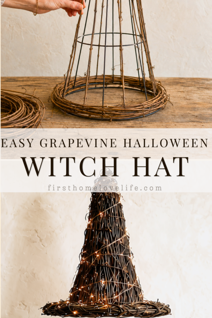 : DIY grapevine Halloween witch hat made from a black tomato cage and decorated with warm white string lights.