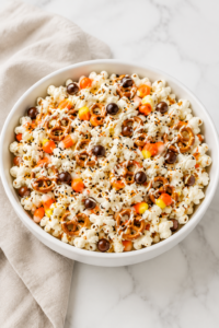 Halloween popcorn with white chocolate, pretzels, candy corn, chocolate candies, and orange and black sprinkles in a white bowl.