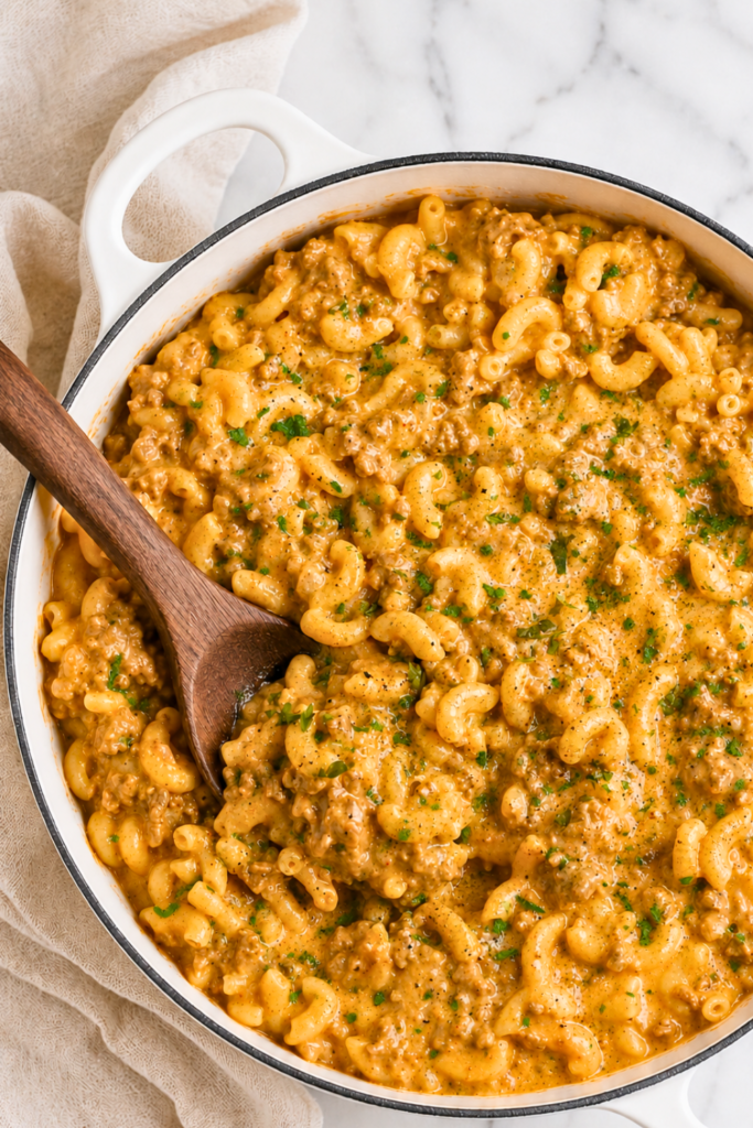 Easy homemade one-pan cheeseburger Hamburger Helper with ground beef, elbow macaroni, and creamy cheddar cheese sauce in a white enamel pot.