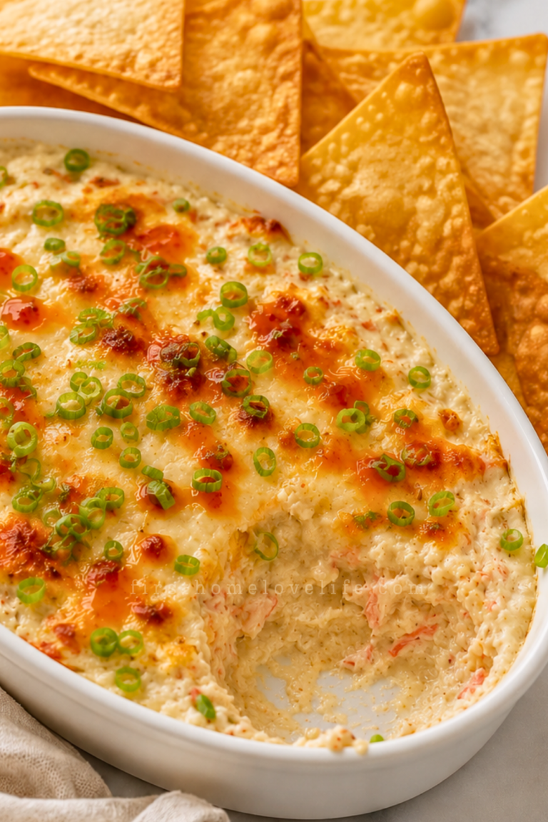 Hot crab rangoon dip topped with sweet chili sauce and scallions with crispy wonton chips for dipping.