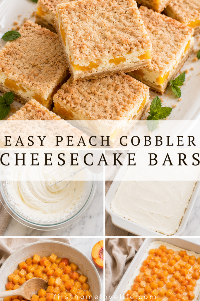 Pinterest pin featuring homemade Peach Cobbler Cheesecake Bars with creamy cheesecake, fresh peaches, and a buttery crumble topping, along with step-by-step photos showing how to make the recipe.