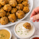 Hand holding a homemade sausage ball with a toothpick while dipping it into creamy ranch dressing beside a platter of easy sausage balls.