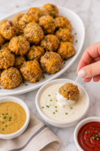 Hand holding a homemade sausage ball with a toothpick while dipping it into creamy ranch dressing beside a platter of easy sausage balls.