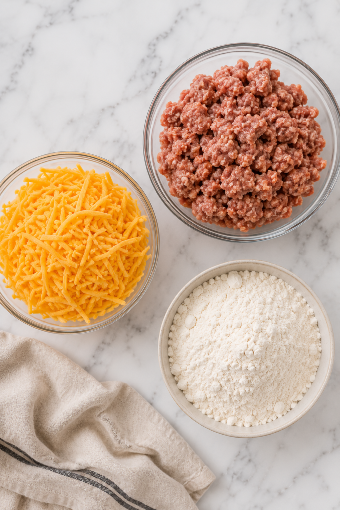 Flat lay of the three simple ingredients for easy sausage balls including breakfast sausage, shredded cheddar cheese, and Bisquick baking mix on a white marble countertop.