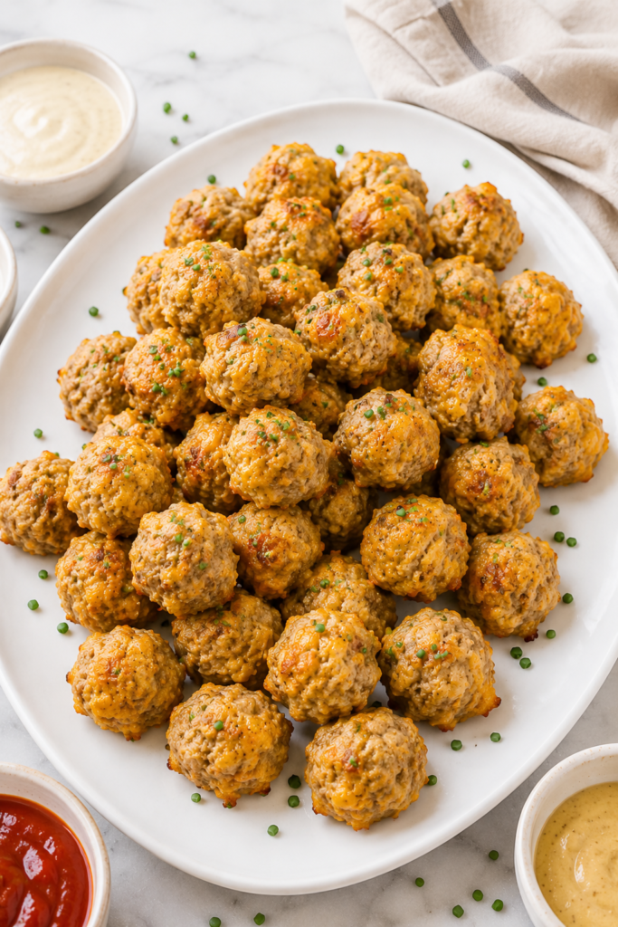 Easy homemade sausage balls served on a large white oval platter with dipping sauces and fresh chopped chives on a marble countertop.