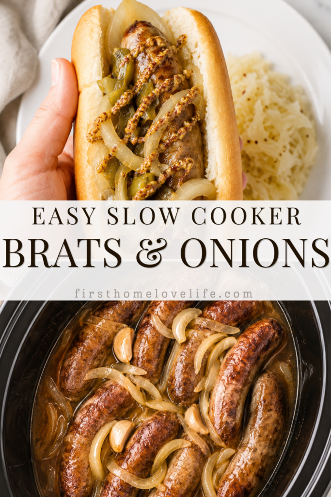 Pinterest graphic featuring slow cooker beer brats and onions with a bratwurst sandwich topped with onions, whole grain mustard, and sauerkraut.