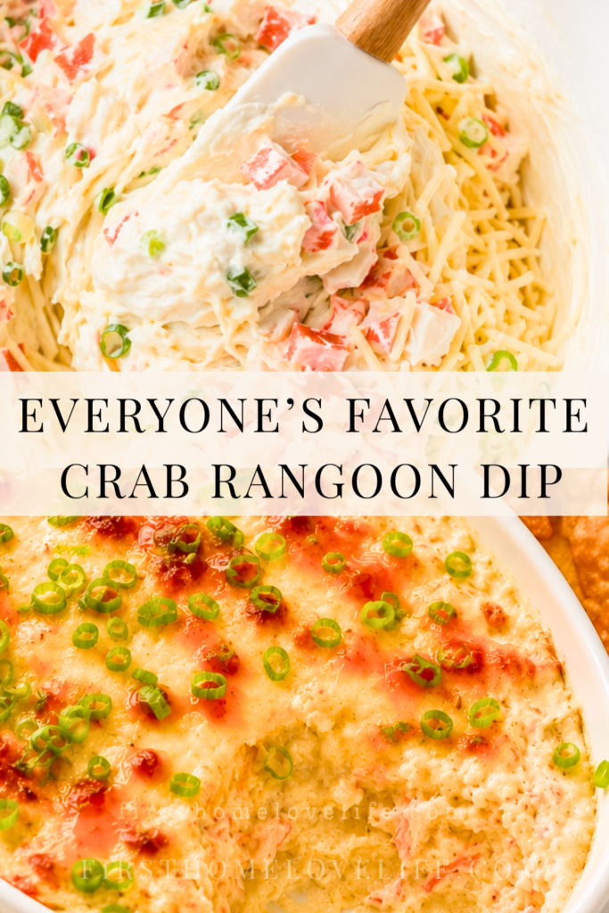 Pinterest pin showing creamy crab rangoon dip topped with sweet chili sauce and scallions with the text Everyone’s Favorite Crab Rangoon Dip.