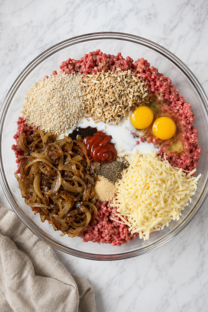 Ground beef, caramelized onions, cheese, eggs, breadcrumbs, milk, and seasonings in a glass bowl before mixing French onion meatloaf.