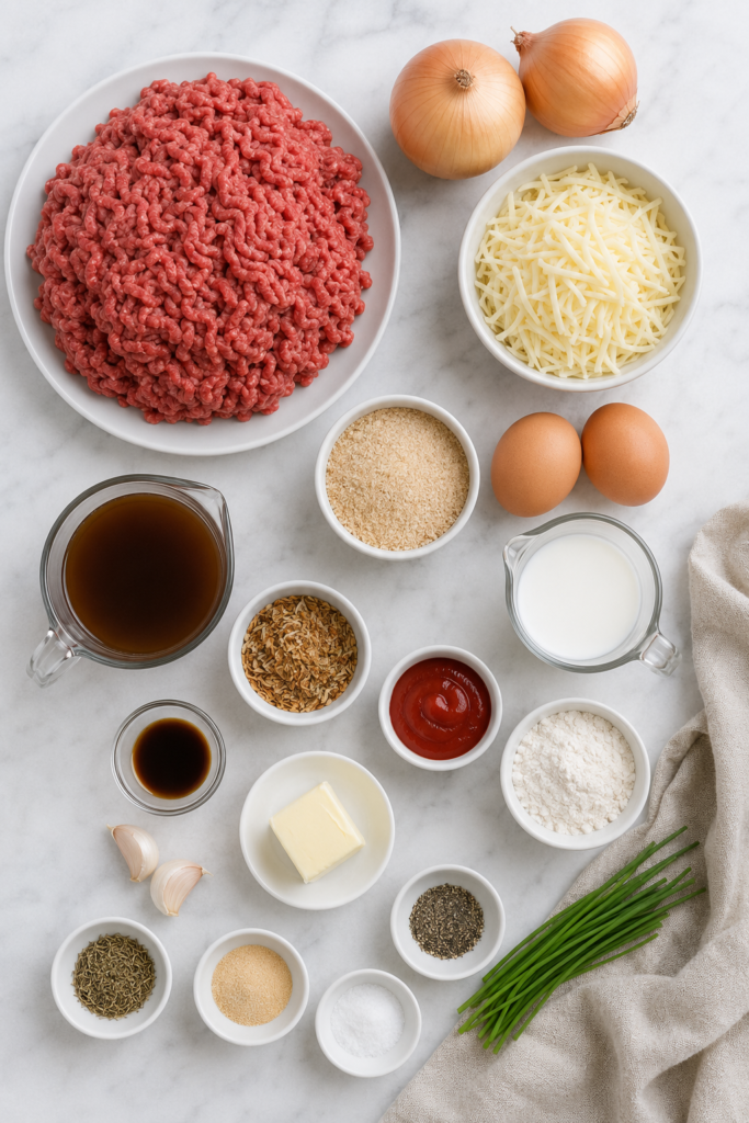 Ingredients for French onion meatloaf, including ground beef, onions, shredded cheese, breadcrumbs, eggs, milk, beef broth, and seasonings.