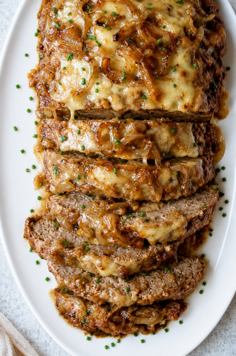 Sliced French onion meatloaf topped with melted cheese, caramelized onions, chives, and savory onion gravy.