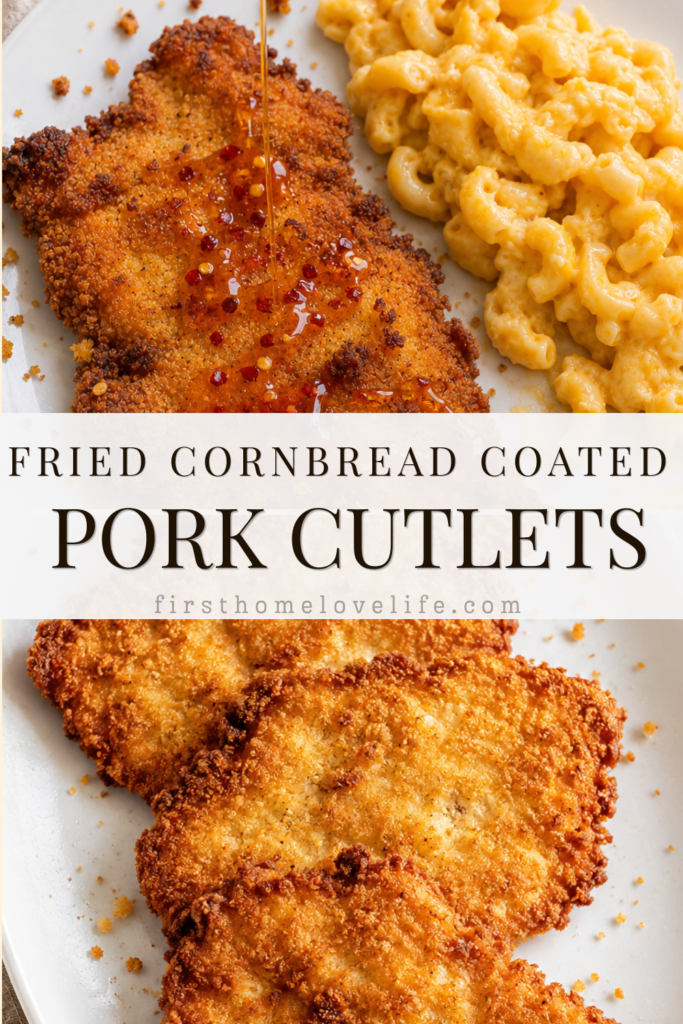 Crispy fried cornbread coated pork cutlets served with creamy macaroni and cheese and drizzled with hot chili honey.