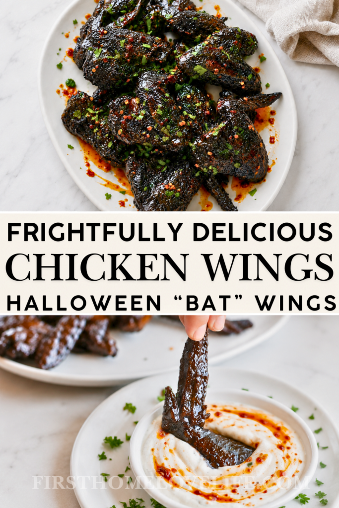 Pinterest collage featuring sticky black chicken wings with chili crisp and a wing dipped in ranch for a Halloween bat wings recipe.