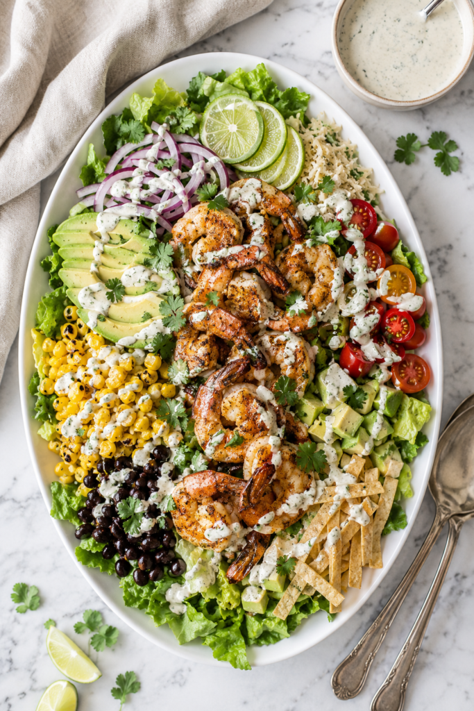 Grilled shrimp taco salad on a large white oval platter with romaine lettuce, grilled shrimp, black beans, corn, avocado, tomatoes, tortilla strips, cilantro lime dressing, and silver serving utensils on a marble countertop.