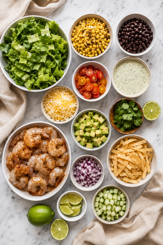 Flat lay of ingredients for grilled shrimp taco salad including seasoned shrimp, romaine lettuce, black beans, grilled corn, cherry tomatoes, avocado, shredded cheese, tortilla strips, cilantro, lime, red onion, cucumber, and creamy cilantro lime dressing on a white marble countertop.