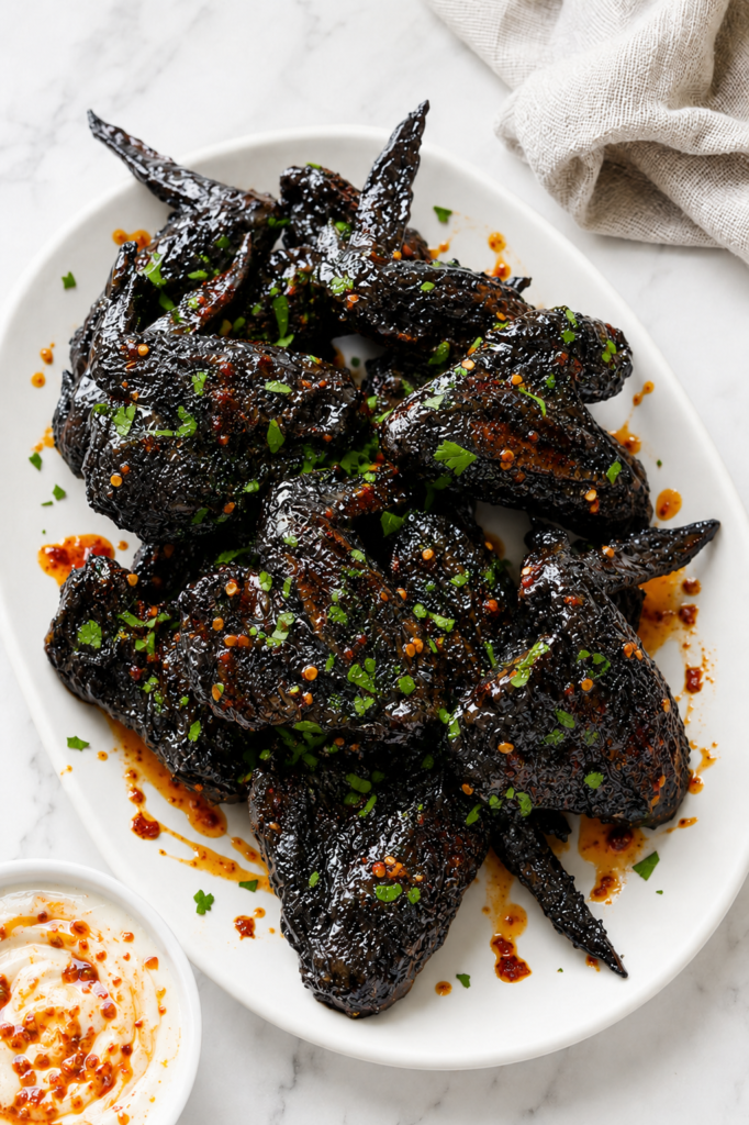 Whole black chicken wings piled on a white platter with chili crisp, parsley, and ranch dipping sauce for Halloween.