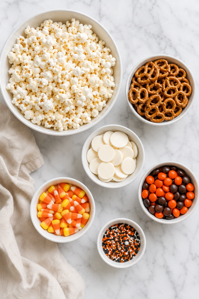 Halloween popcorn ingredients including popcorn, pretzels, white chocolate wafers, candy corn, chocolate candies, and festive sprinkles.