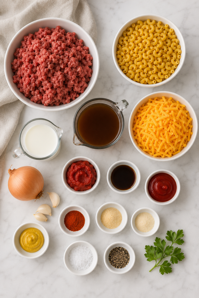 Ingredients for homemade cheeseburger Hamburger Helper, including ground beef, elbow macaroni, cheddar cheese, milk, beef broth, onion, garlic, and seasonings.