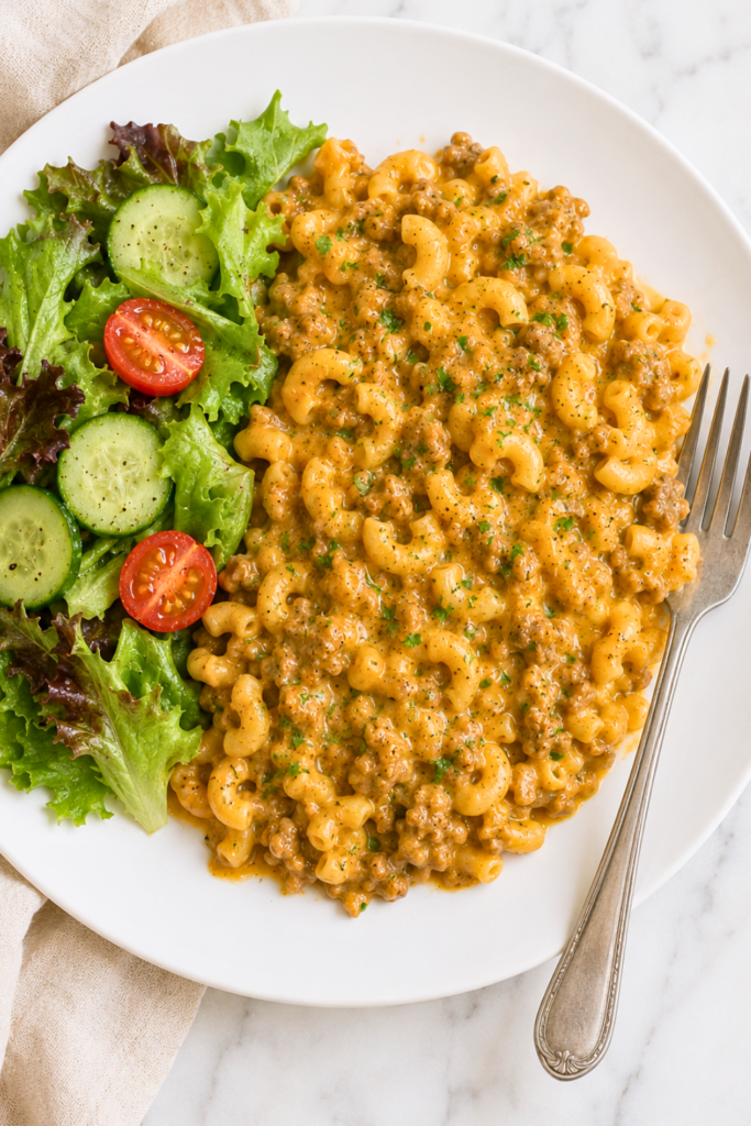 Creamy homemade cheeseburger Hamburger Helper with ground beef and elbow macaroni served on a white plate with a fresh green salad.