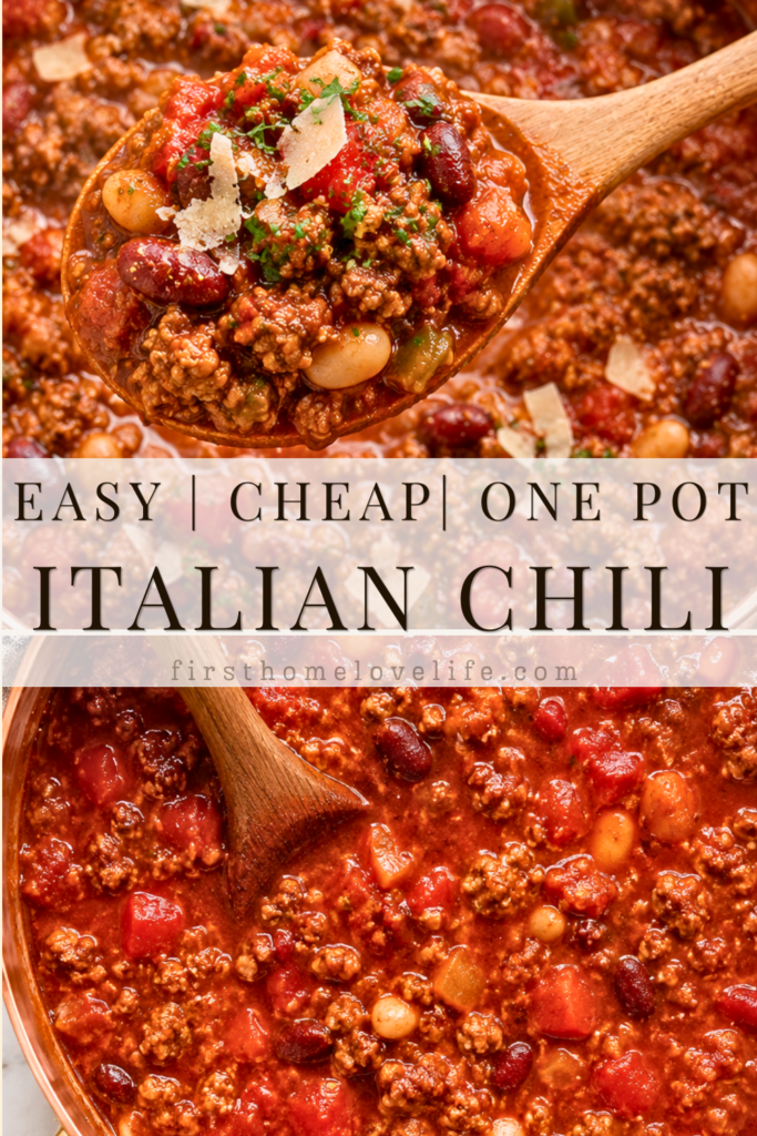 Pinterest graphic featuring a spoonful of hearty Italian style chili made with ground beef, Italian sausage, kidney beans, cannellini beans, tomatoes, and Parmesan cheese lifted from a copper pot.