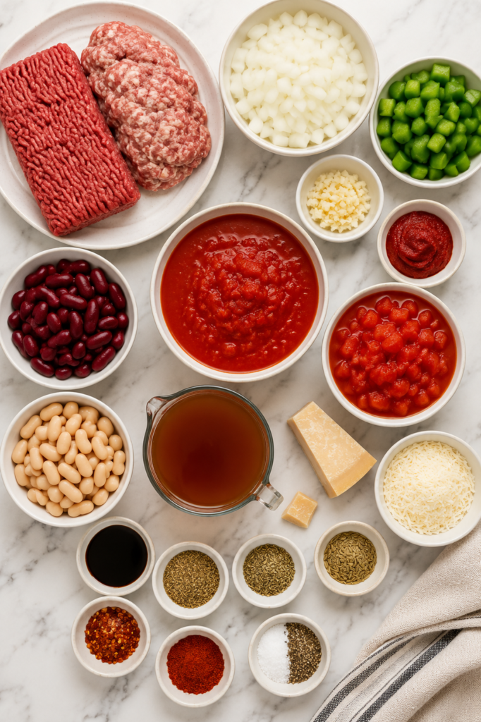 Flat lay of ingredients for Italian style chili including ground beef, Italian sausage, kidney beans, cannellini beans, tomatoes, onions, bell peppers, garlic, Parmesan cheese, beef broth, and Italian seasonings on a white marble countertop.