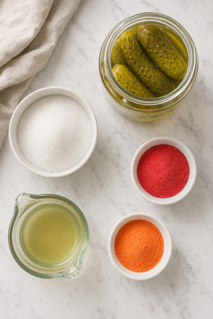 Flat lay of dill pickles, sugar, pickle brine, and colorful drink mix for making homemade Kool-Aid pickles.