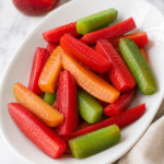 Colorful homemade Kool-Aid pickles arranged on a white platter with a jar of red Koolickles on a marble counter.