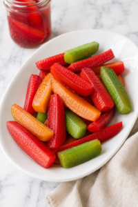 Colorful homemade Kool-Aid pickles arranged on a white platter with a jar of red Koolickles on a marble counter.