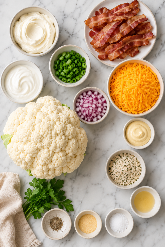 Flat lay of ingredients for loaded cauliflower salad including fresh cauliflower, bacon, cheddar cheese, mayonnaise, sour cream, ranch seasoning, green onions, red onion, apple cider vinegar, garlic powder, salt, and pepper on a marble countertop.